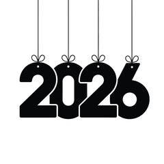 Black new year 2026 numbers hanging from delicate string ornaments displayed