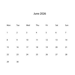June 2026 calendar vector icon