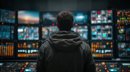 Focused operator monitors complex data streams on multiple screens in a futuristic control room environment