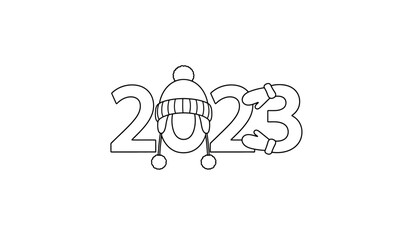 Winter hat and mittens adorn the numbers of the year 2023.