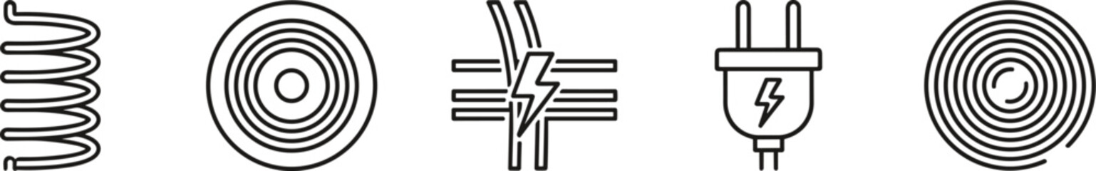 Electric cable icons, wire coil symbols, power plug illustration, energy transmission graphics, electrical components, blue outline, engineering design elements
