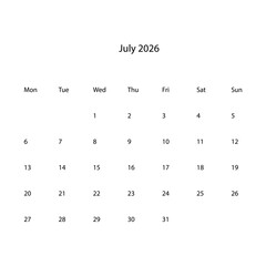 July 2026 calendar vectors icons