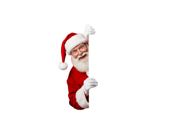 Santa Claus peeking from behind a blank sign in red costume with white fur trim and hat in bright studio lighting for holiday advertising isolated on white background
