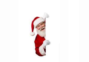 Santa Claus peeking from behind a blank sign in red costume with white fur trim and hat in bright studio lighting for holiday advertising isolated on white background