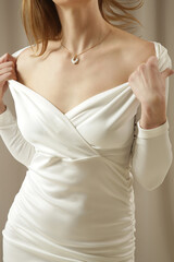 Fashion Studio Portrait of Woman in Elegant White Dress, Luxury Wedding Guest Collection