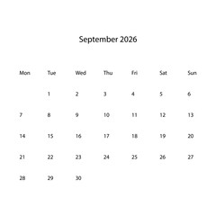 September 2026 calendar vector icon