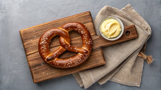 Fresh baked pretzel served with butter dip on wooden board
