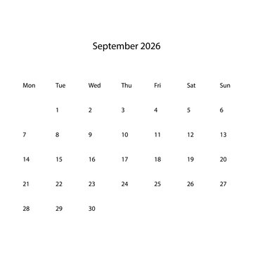 September 2026 calendar vector icon