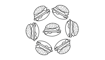 A circular arrangement of seven illustrated hamburgers.