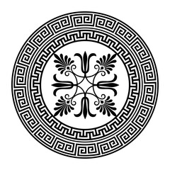 Greek round ornament in black and white color. Greek key meander. Ancient Greece, Roman Empire. Typical egyptian, assyrian, greek motive. For ceramic, porcelain, embroidery, sandblasting, laser, plate
