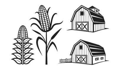 Corn stalks and barns are depicted in this illustration.