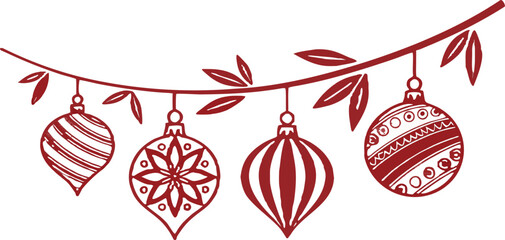 Red Christmas decorations including stars, hearts, and ball ornaments, vector illustration, no background, glossy festive holiday elements.