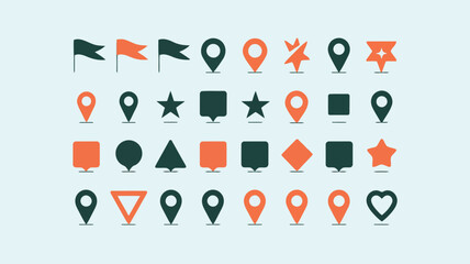 Collection of various colorful icons including flags, pins, shapes, and symbols on a neutral background