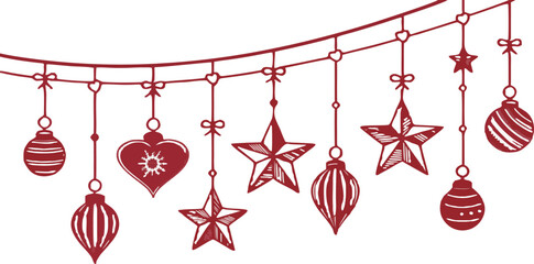 Christmas red decoration set with stars, heart love symbols, and ball ornaments, vector illustration, no background, clean festive holiday elements.