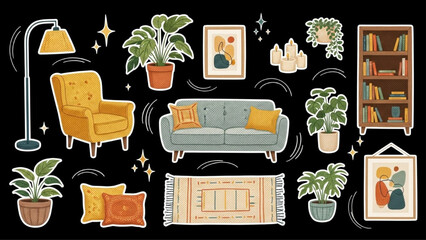 Cozy Home Interior Halftone Collage Cutout Elements with Warm Retro Mixed Media Style on Black Background