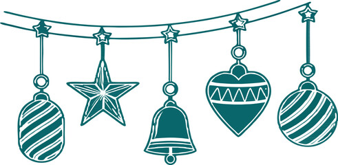Blue Christmas decoration set featuring star, bell, heart, and finial ornaments, vector illustration, no background, clean festive holiday elements.