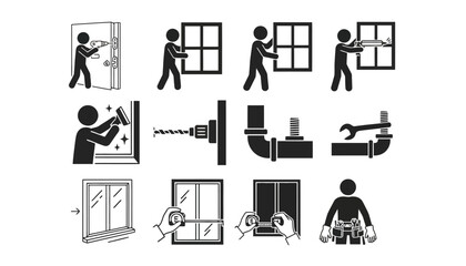 Illustrations depict various home repair and construction tasks being performed by stick figures.