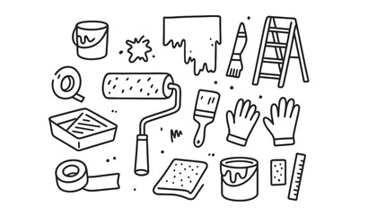 A collection of painting and DIY tools are laid out on a white background.