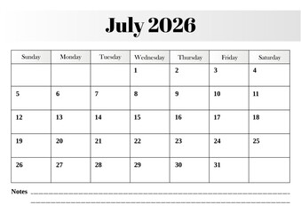 July 2026 calendar with a minimalist vector design and neatly aligned monthly grid