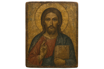 Fototapeta premium Icon of Jesus Christ antique transparent background religious art work