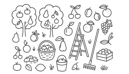A collection of orchard fruits and harvesting tools are illustrated.