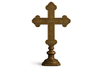 Ornate golden cross with transparent background, religion, christianity.