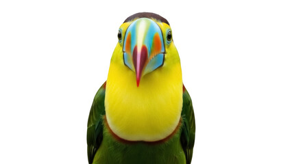 Colorful yellow-cheeked toucan isolated PNG on transparent background, vibrant tropical bird with multicolored beak for wildlife and exotic themes