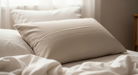 Neutral toned pillow nestled on a made bed under natural light streams