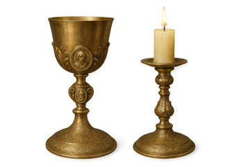 Golden Chalice and Candle Holder on transparent background Studio Shot