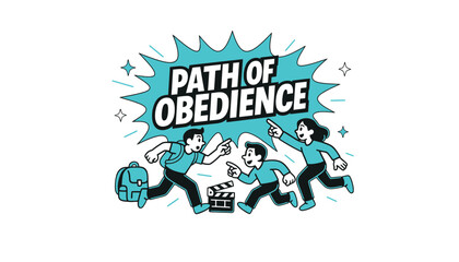 Three people run towards a path of obedience with a backpack and clapperboard.