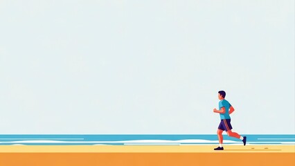 Man Running on Beach Shoreline with Ocean Waves and Clear Sky.