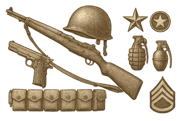 Obraz premium Military Equipment on transparent background - Vintage Style Illustration