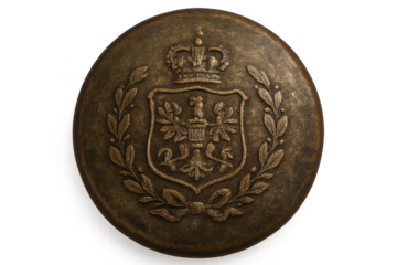 Ornate button detail with crown on transparent background design.