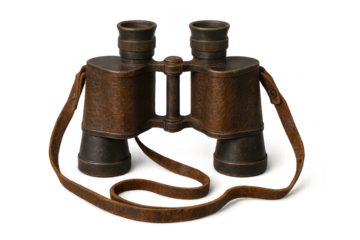 Vintage binoculars with a leather strap, transparent background image.