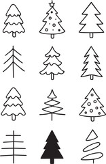 Set of Christmas Trees in Different Shapes Line Art Illustration