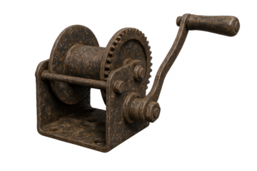 Rusty winch mechanism isolated on a transparent background view, close.