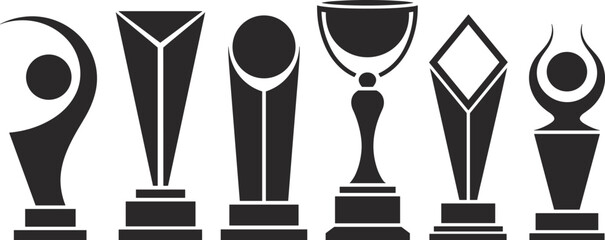 Abstract award trophy silhouettes set, modern achievement symbols collection, minimalist prize cup statues icons isolated on white background vector illustration