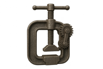 Vintage industrial clamp tool on transparent background, dark metal