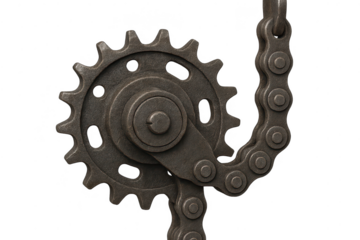 Metal gear and chain on transparent background for industrial designs.