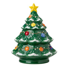 Green ceramic Christmas tree cookie jar with ornaments and snow 1