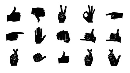Diverse collection of hand gesture silhouettes for communication, emotion, and interaction, featuring various signals like approval, disapproval, OK, peace, and pointing