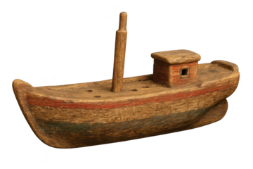 Old wooden toy boat on transparent background, vintage miniature model