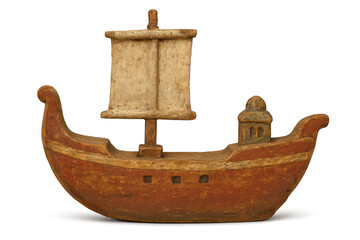 Old wooden ship on transparent background. Decorative handcrafted item.