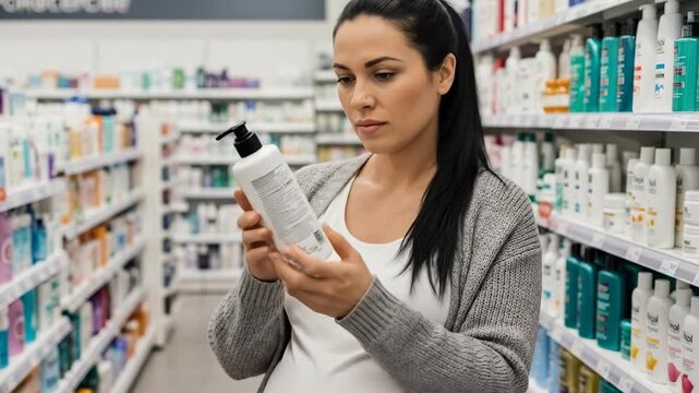 Pregnant caucasian woman reads product label on bottle in pharmacy aisle, carefully checking ingredients for personal care.
