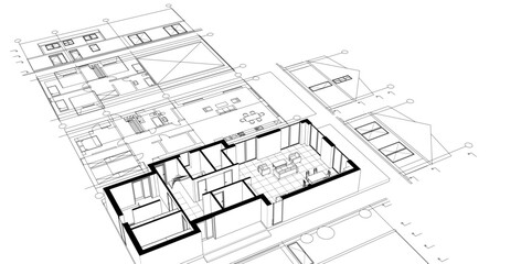Fototapeta premium modern house plan sketch 3d illustration