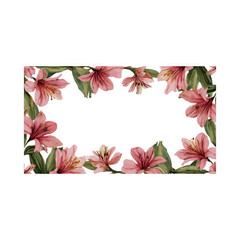Vibrant pink lilies frame with lush green leaves on black background