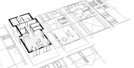 modern house plan sketch 3d illustration