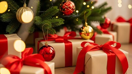 Christmas poster with festive presents wrapped in paper and red ribbons under a decorated tree, surrounded by red baubles and lights. Banner template for New Year and Christmas card with copyspace.