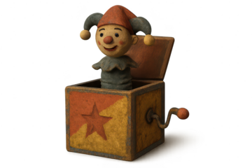 Vintage Jack-in-the-box with transparent background, antique toy style.