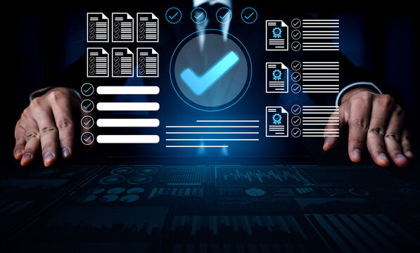 An illustration of a business professional engaged in digital document analysis, focusing on validation checks and data charts for effective decision making and compliance. Gantry